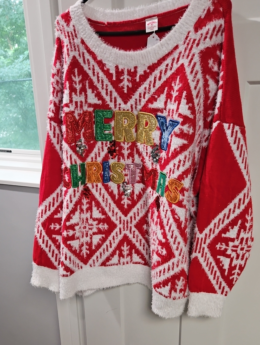 Holiday Time Red & White Merry Christmas Sequin Sweater